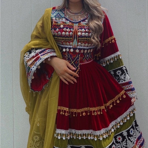 Embroidered Red and Green Women's Afghan Dress